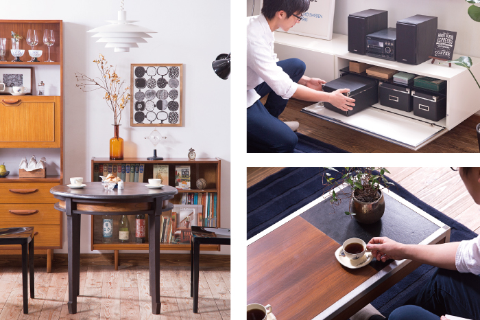 大正ロマンなラウンドテーブルと北欧家具のコーディネート