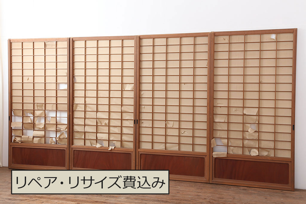 アンティーク建具 昭和初期 シンプルな木製フレームの障子戸4枚セット(建具、引き戸)(R-036760) | ラフジュ工房