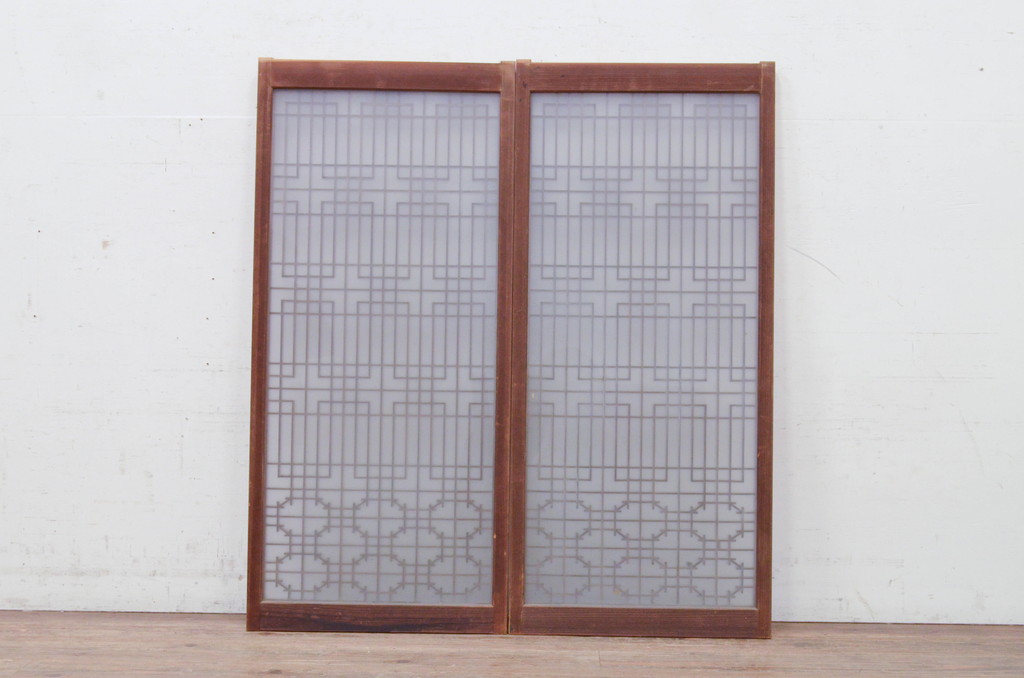 アンティーク建具　片面ガラス　組子のデザインがお洒落な書院戸2枚セット(ガラス窓、ガラス戸、引き戸)(R-072131)
