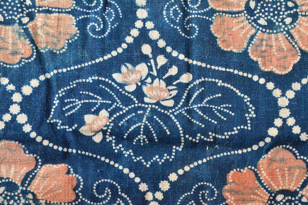 明治期　赤入り藍型染木綿古布(布団皮、藍染)(R-052915)