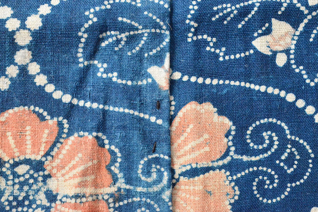 明治期　赤入り藍型染木綿古布(布団皮、藍染)(R-052918)