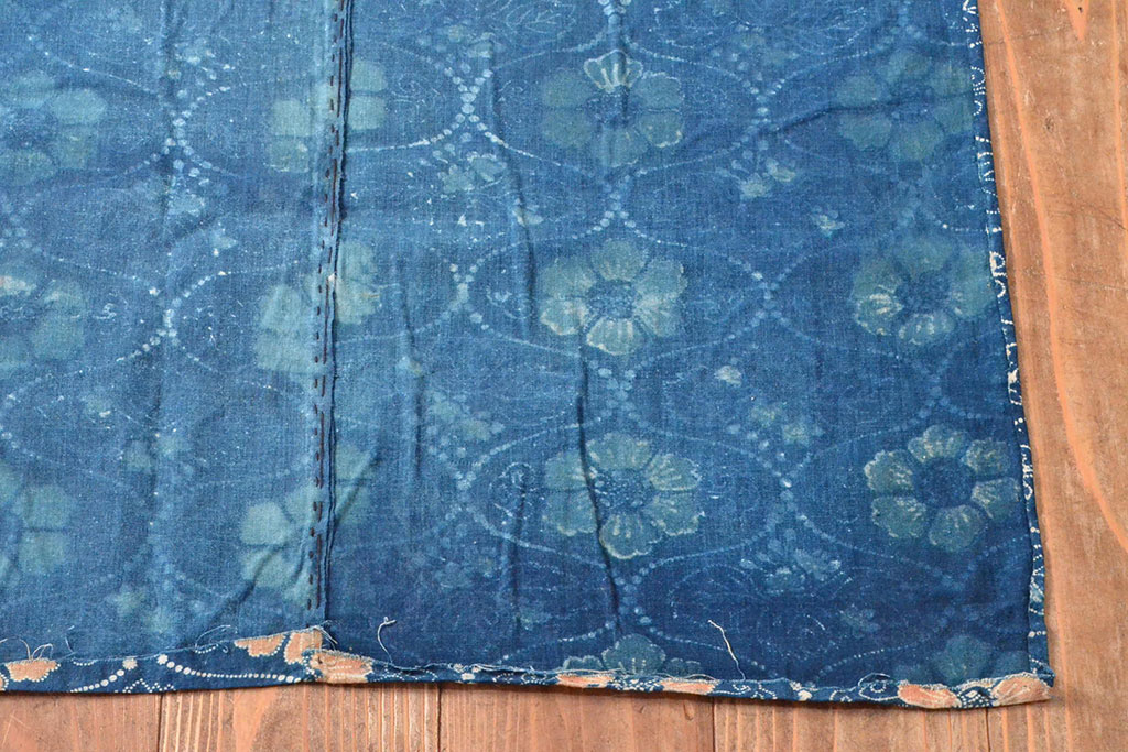 明治期　赤入り藍型染木綿古布(布団皮、藍染)(R-052919)