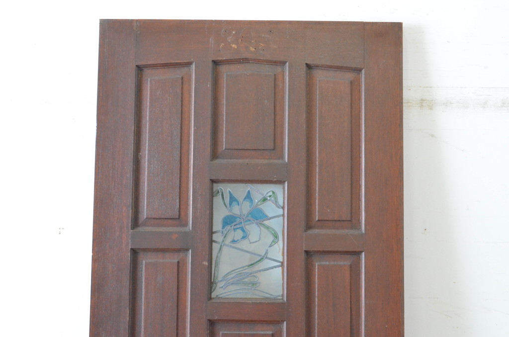 イギリスアンティーク!　ステンドグラス風のガラスが入ったレイズドパネル(盛り上がった鏡板)ドア1枚　(英国、玄関ドア、玄関扉、建具)(R-064962)