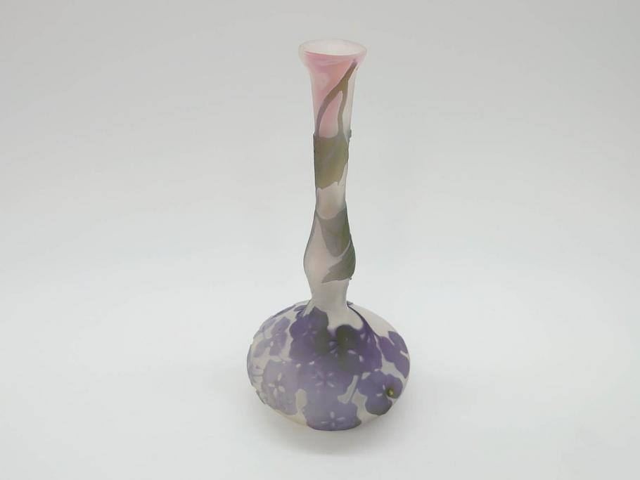 フランス　エミールガレ　カメオ技法　紫陽花文　優雅な空間を演出してくれる小花瓶(一輪挿し、花器、共箱付き)(R-073835)
