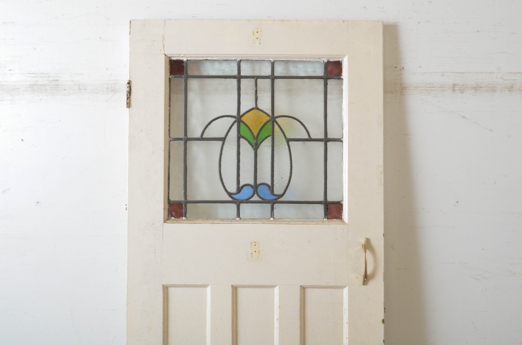 イギリスアンティーク　ペイント仕上げ限定!　ステンドグラス入りのシンプルなペイントドア(玄関ドア、玄関扉、英国)(R-064950)