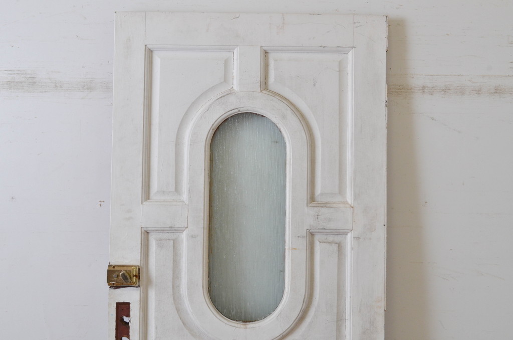 イギリスアンティーク!　ペイント仕上げ限定!　珍しい波ガラス入りのオーバルデザインペイントドア1枚(英国、玄関ドア、玄関扉、建具)(R-064965)