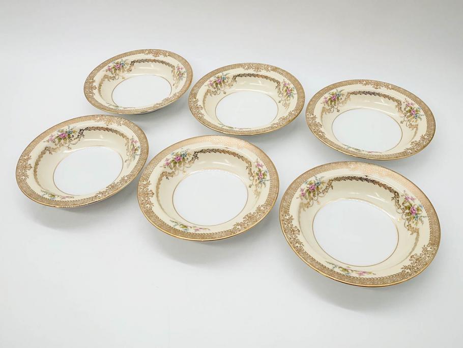 オールドノリタケ　NORITAKE　金彩　煌びやかなデザインが目を惹くボウル6客セット(花、フラワー、プレート、皿、洋食器、サラダ)(R-074111)