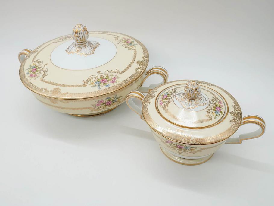 オールドノリタケ　NORITAKE　金彩　ゴールドの装飾が華やかさを演出するチューリン&シュガーポット(花、フラワー、ボンボン入れ、小物入れ、蓋物、洋食器)(R-074113)