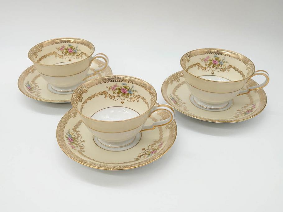 オールドノリタケ　NORITAKE　金彩　ティータイムが華やかになるティーカップ&ソーサー3客セット(花、フラワー、C&S、洋食器)(R-074118)