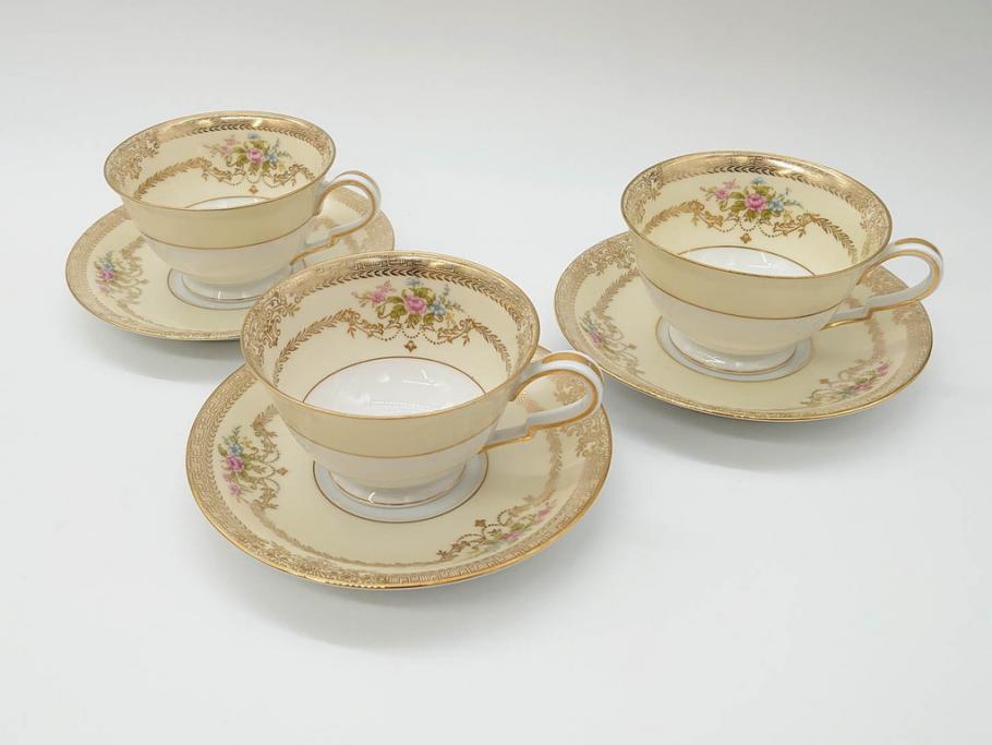 オールドノリタケ　NORITAKE　金彩　ティータイムが華やかになるティーカップ&ソーサー3客セット(花、フラワー、C&S、洋食器)(R-074119)