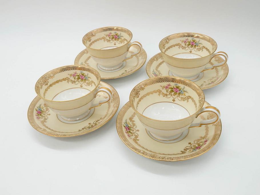 オールドノリタケ　NORITAKE　金彩　ティータイムが華やかになるティーカップ&ソーサー4客セット(花、フラワー、C&S、洋食器)(R-074120)