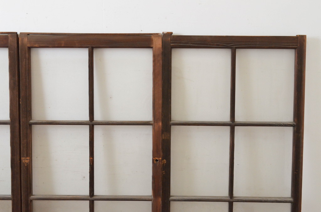 アンティーク建具　古い木味の腰板付き幅狭ガラス窓4枚セット(ガラス戸、引き戸)(R-065046)