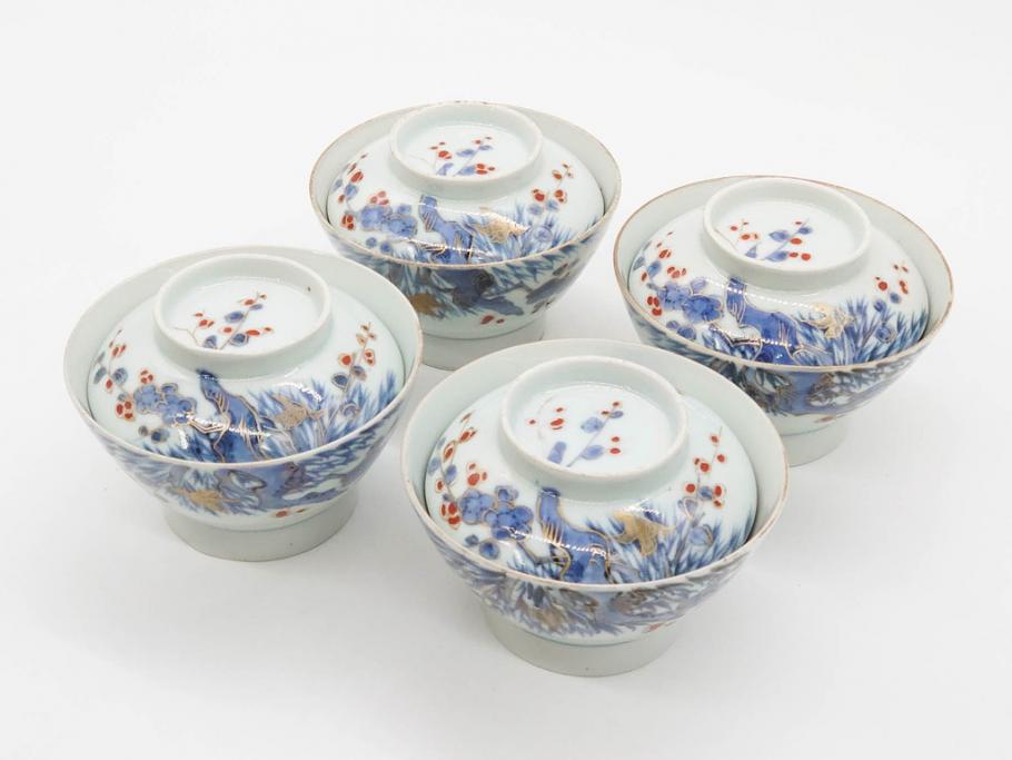 【限定販売】 染付 古伊万里 江戸期 色絵 食卓を明るく彩る蓋 3.7寸 約11cm 梅 工芸品