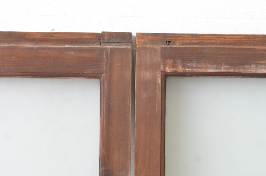 アンティーク建具　上手物!　古い木味の面取り桟ガラス窓2枚セット(ガラス戸、引き戸)(R-065265)
