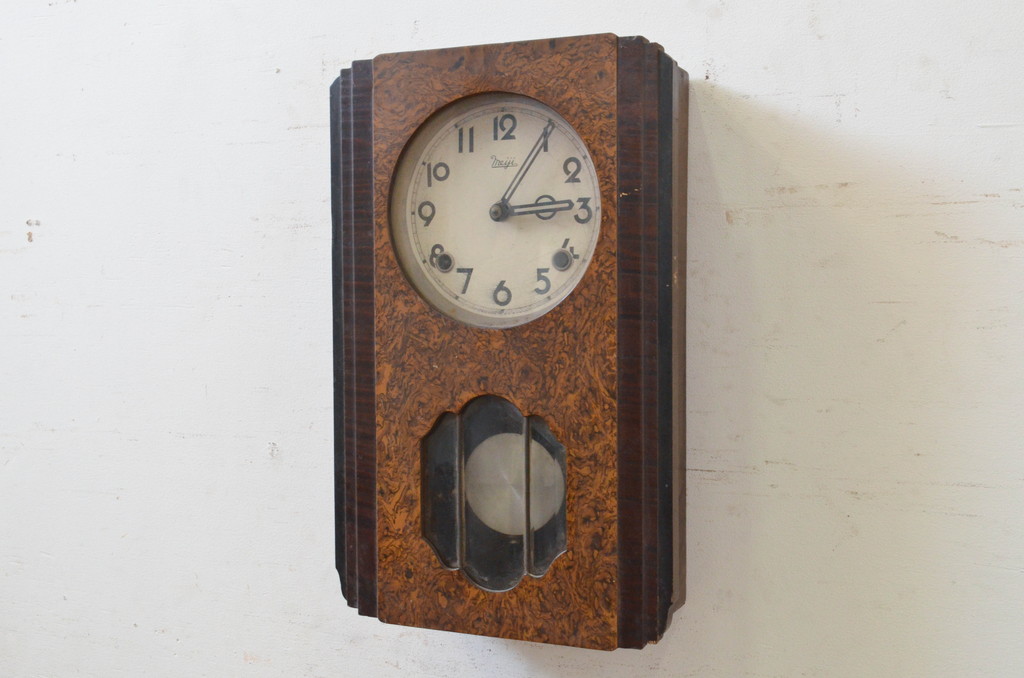 和製アンティーク　Meiji(明治時計社)　特徴あるデザインが魅力的な掛け時計(柱時計、古時計、振り子時計)(R-072270)