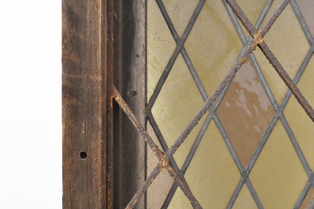 アンティーク建具　大正期〜昭和初期　大正ロマンの雰囲気あふれる古い洋館で使われていたステンドグラス窓+窓枠セット(ドア、扉、FIX、はめ殺し)(R-055358)