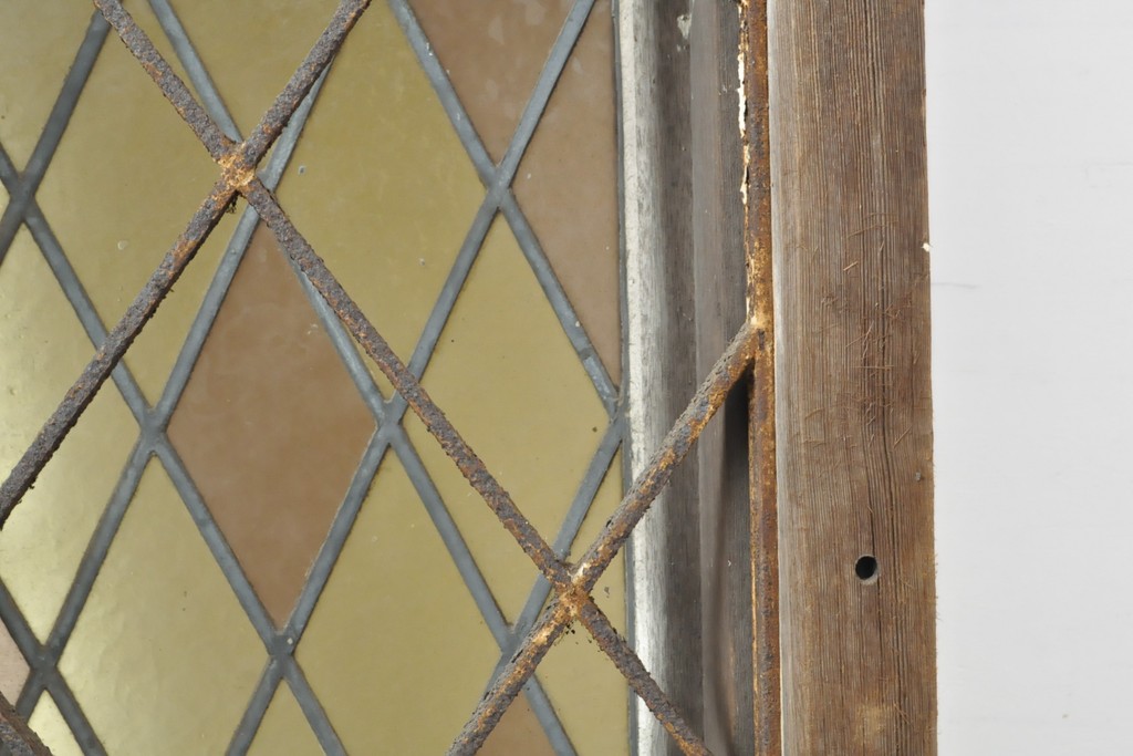 アンティーク建具　大正期〜昭和初期　大正ロマンの雰囲気あふれる古い洋館で使われていたステンドグラス窓+窓枠セット(ドア、扉、FIX、はめ殺し)(R-055358)