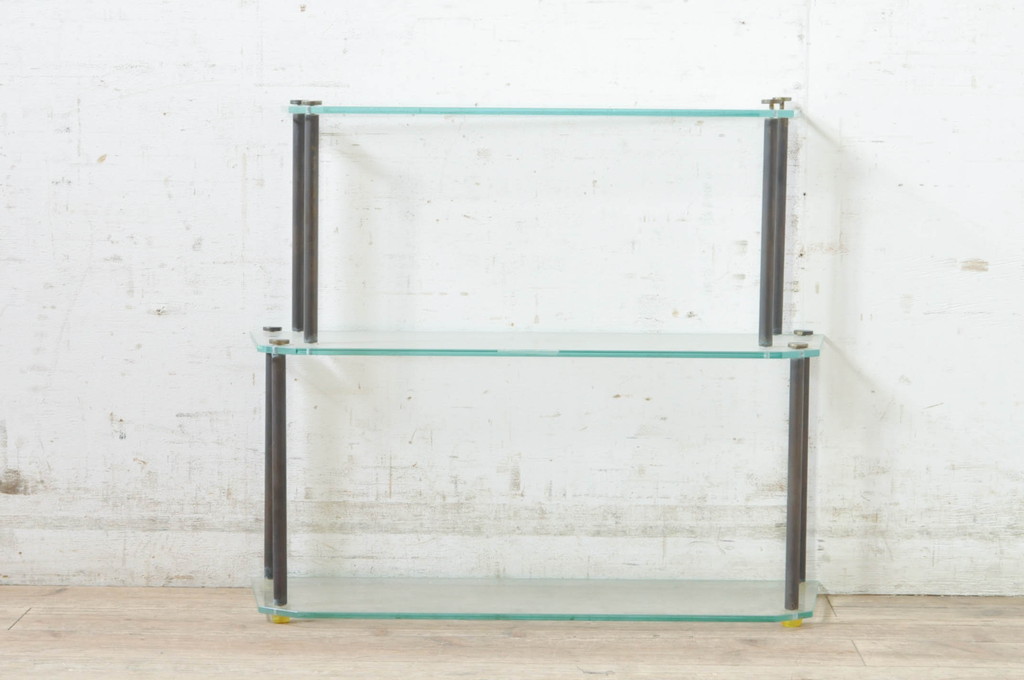 アンティーク　店舗什器におすすめ!真鍮フレーム・ガラス棚板のディスプレイ棚(陳列棚、飾り棚、展示台)(R-055868)