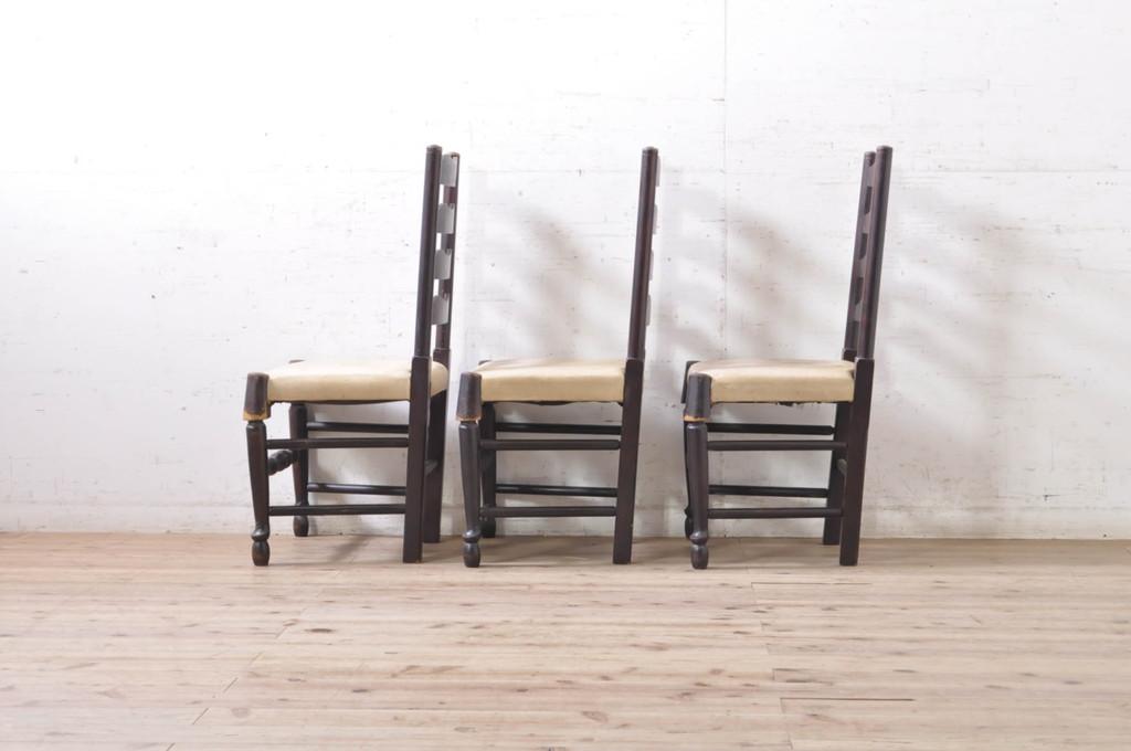 和製ビンテージ　松本民芸家具　落ち着いた木色が魅力のラダーバックチェア3脚セット(ダイニングチェア、椅子、イス、いす、ヴィンテージ)(R-071991)