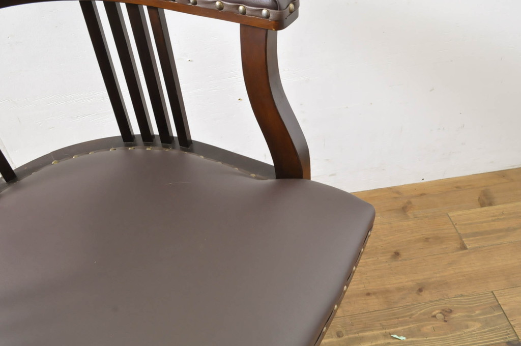 和製アンティーク　合皮　大正ロマンな雰囲気漂うナラ材製の回転チェア(回転椅子、ドクターチェア、椅子)(R-064170)