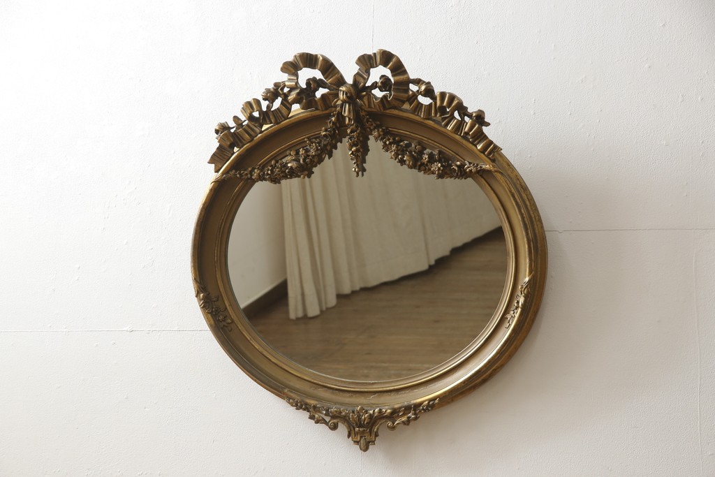 フランスアンティーク　緻密な装飾が見事な彫刻ミラー(壁掛けミラー、鏡)(R-053315)