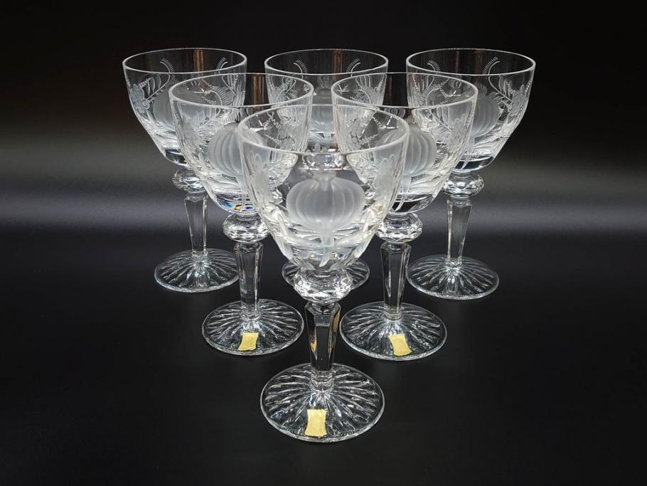 ドイツ　マイセン　Meissen　ブルーオニオン　クリスタル　M刻印　緻密なカットが美しいワイングラス6客セット(ガラス、MEISSENER BLEIKRISTALL)(R-074599)