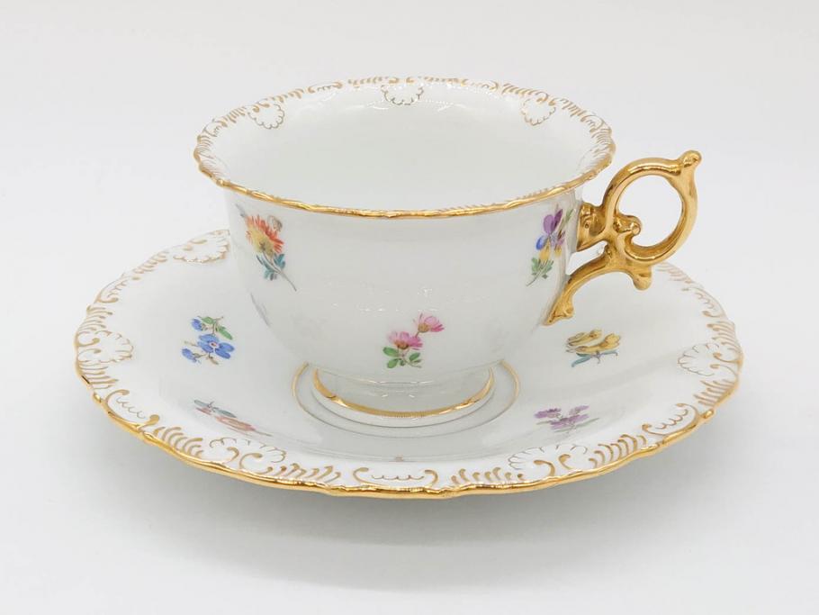 ドイツ　マイセン　Meissen　金彩　散らし小花　シェルエッジ　細やかな意匠に気品を感じるカップ&ソーサー(洋食器、C&S)(R-074603)