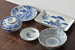 江戸期　古伊万里　長皿　線描なます皿　龍の図　蓋茶碗　海老皿など5点(染付、和食器)(R-045269)