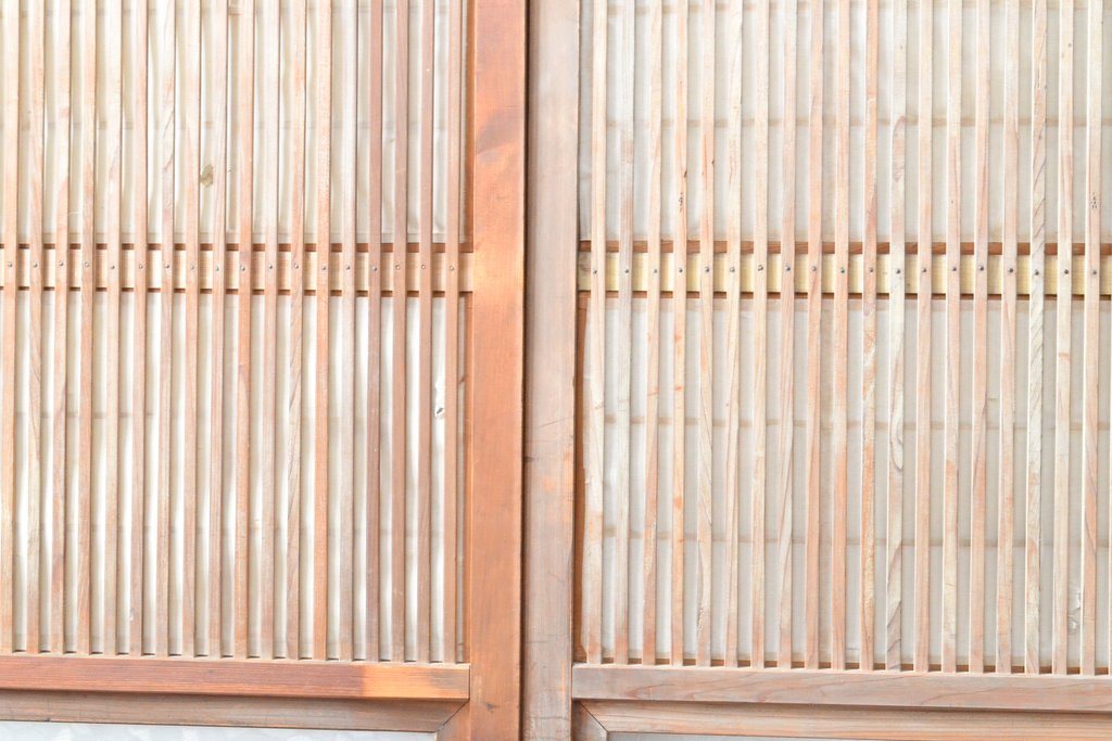アンティーク建具　昭和初期　模様ガラス　細やかな桟が魅力の裏障子付き格子戸4枚セット(帯ガラス戸、引き戸、障子戸、建具)(R-059211)