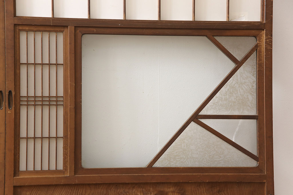 アンティーク建具　昭和初期　大正ロマン　型変わり　デザインがいいね!　異なるガラスの質感が素敵な障子戸(ガラス戸)2枚セット(引き戸、建具)(R-054189)