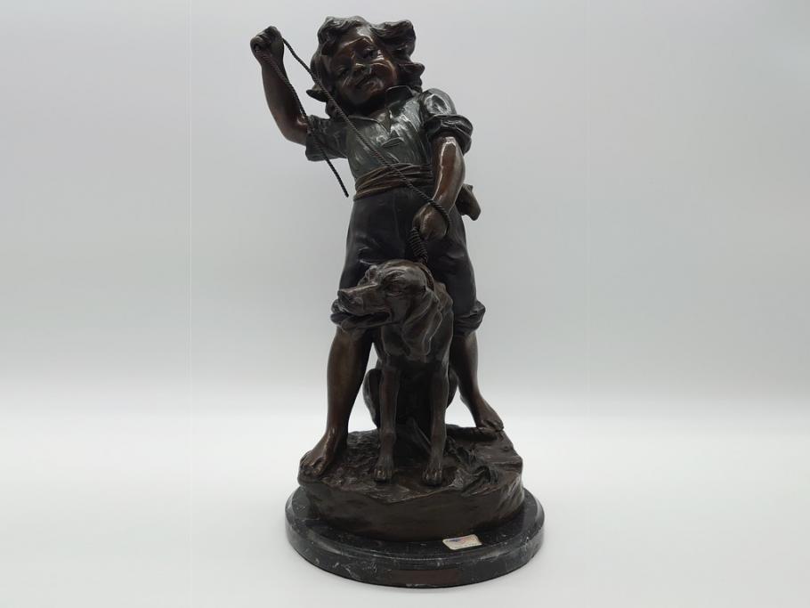 アメリカ製　少年と犬　微笑ましい一瞬を切り取った様なブロンズ像(RUNER、オブジェ)(R-060685)