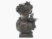 アンティーク　鳥と女性　髪飾りの一つ一つまで美しい!豊かな表情が魅力のブロンズ像(オブジェ、アルベールエルネスト?)(R-060683)