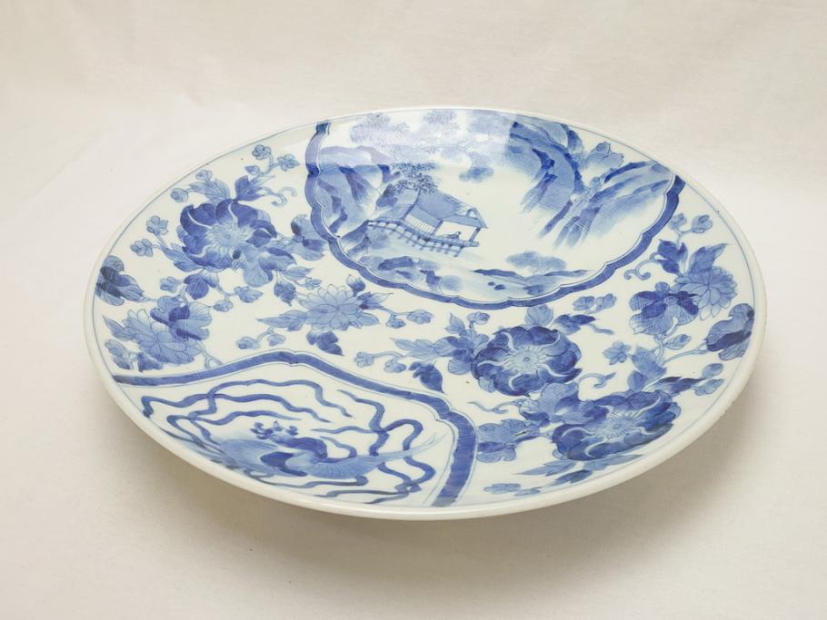 染付 鳳凰文 花弁紋 山水図 一尺四寸 約40cm 大皿(朝顔、菊、1尺