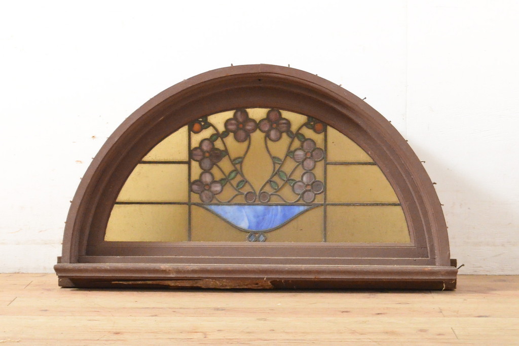 アンティーク建具　大正ロマンの雰囲気あふれるステンドグラス窓+窓枠セット1枚(FIX、はめ殺し、ガラス窓)(R-059307)