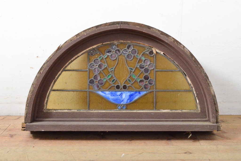 アンティーク建具　大正ロマンの雰囲気あふれるステンドグラス窓+窓枠セット1枚(FIX、はめ殺し、ガラス窓)(R-059307)