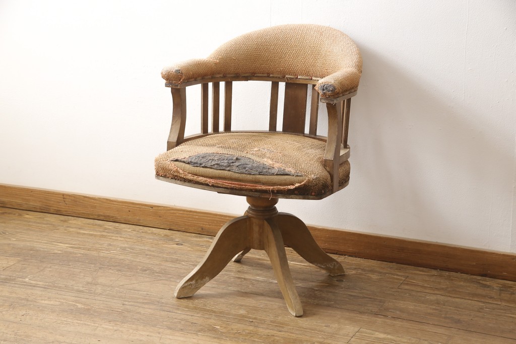 和製アンティーク 大正ロマン ナラ材製 凝った作りのレトロな回転椅子