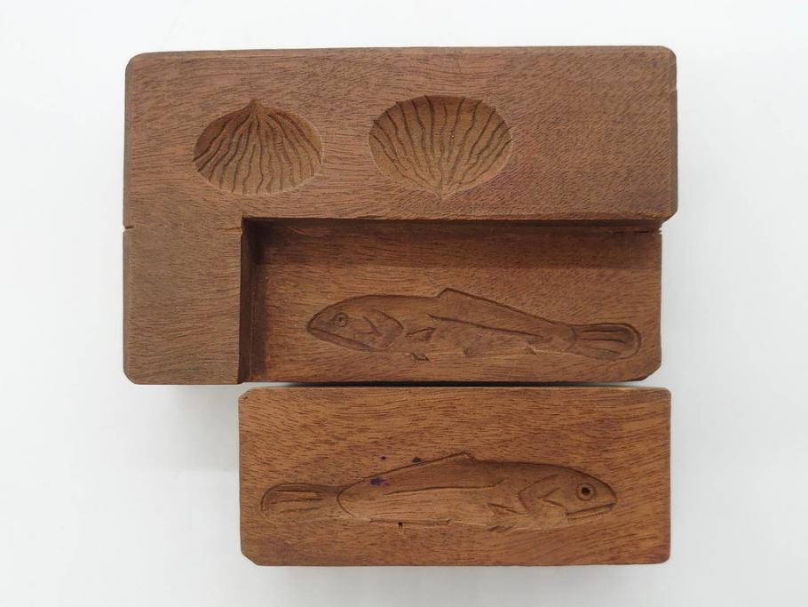 アンティーク雑貨　菓子型8点セット(菓子木型、木製、ビスケット、貝、蛤、ハマグリ、魚、鮎)(R-074803)