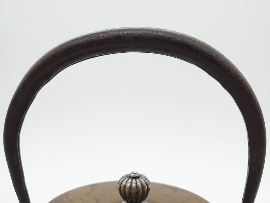 大正〜昭和初期　銀つまみ　重厚感のある佇まいが魅力の鉄瓶(湯沸、湯瓶、茶道具、茶器)(R-074875)
