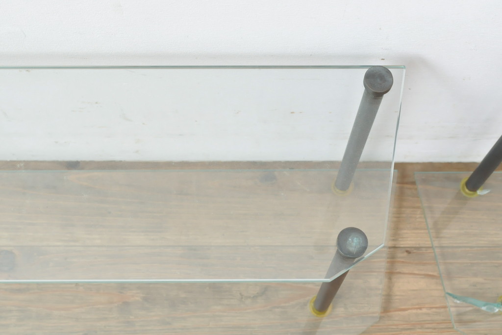 アンティーク　店舗什器におすすめ!真鍮フレーム・ガラス棚板のディスプレイ棚2セット(陳列棚、飾り棚、展示台)(R-055869)