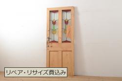 【加工実例】昭和初期のガラス戸2枚の高さと幅をご希望通りにリサイズし、吊り戸用に仕様変更。現状のくすんだ青色に合わせてペイントして仕上げました。(引き戸、建具、色ガラス)