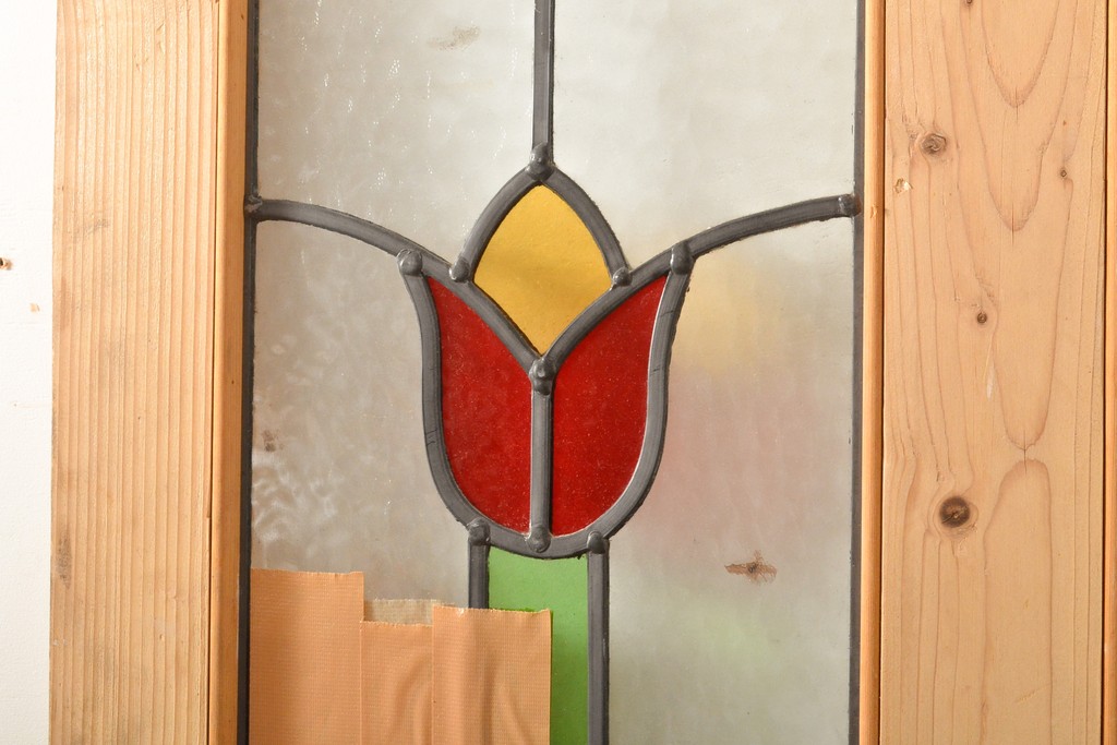 アンティーク建具　イギリス製　ナチュラルなパイン材製!かわいいステンドグラスドア(扉、玄関ドア)(R-055978)