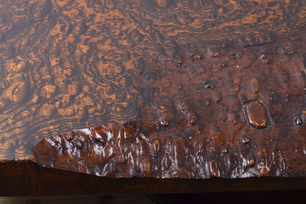 中古　特大!　日本一の玉杢無垢!　総欅一枚板　漆塗り7尺座卓(総ケヤキ、総けやき、ローテーブル、センターテーブル)(R-056930)