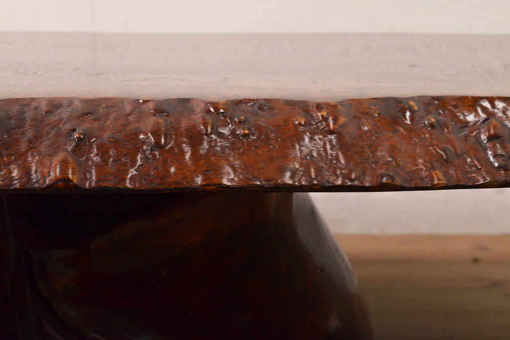 中古　特大!　日本一の玉杢無垢!　総欅一枚板　漆塗り7尺座卓(総ケヤキ、総けやき、ローテーブル、センターテーブル)(R-056930)