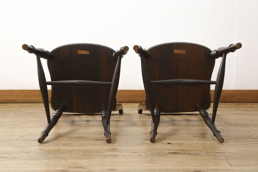 中古　松本民芸家具　#49型A　背もたれの美しいデザインが印象的なワイコムチェア2脚セット(ダイニングチェア、椅子、板座チェア)(R-059791)