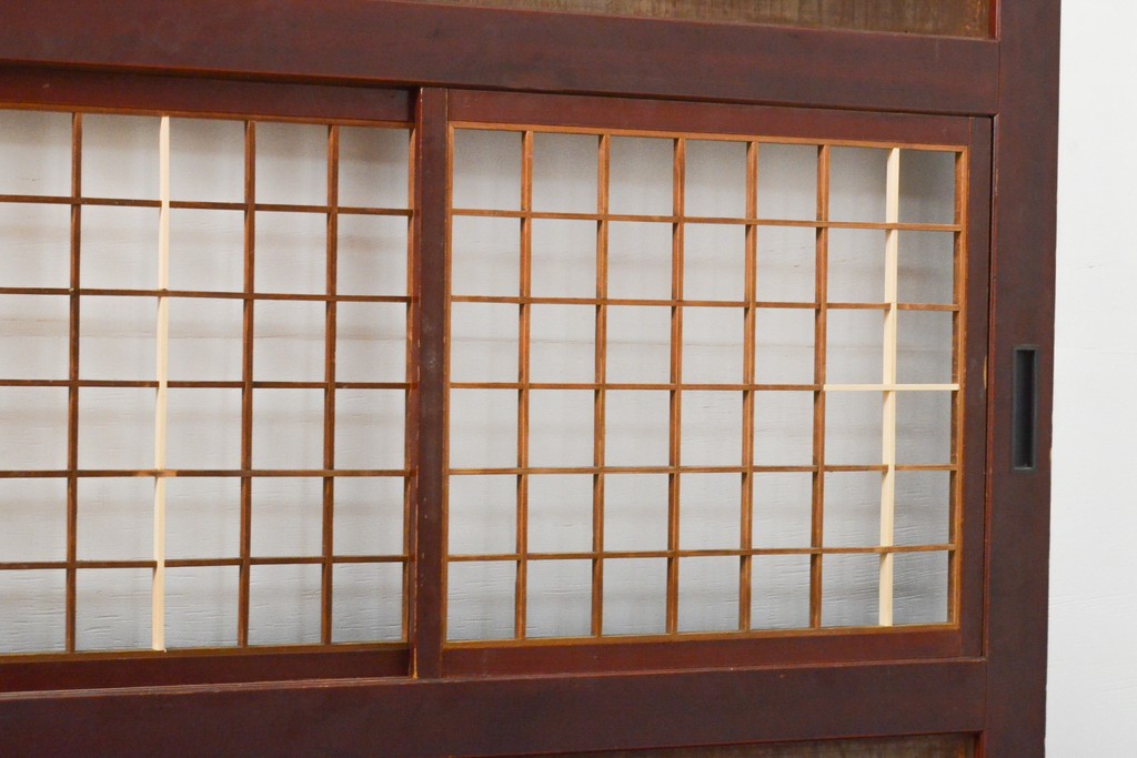 アンティーク建具　レトロな格子入りの障子帯戸4枚セット(板戸、障子戸、引き戸)(R-056940)
