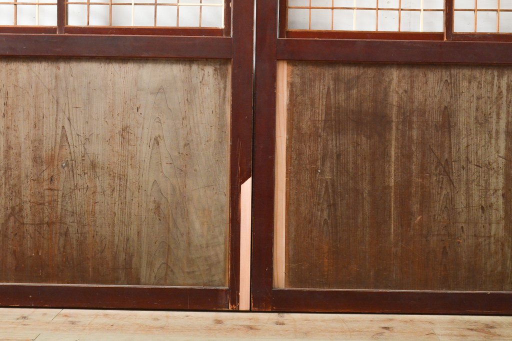 アンティーク建具　レトロな格子入りの障子帯戸4枚セット(板戸、障子戸、引き戸)(R-056940)
