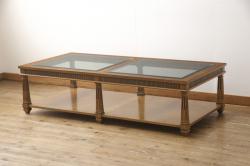 イギリスアンティーク　ガラス天板付き　ウォールナット材の杢目が素晴らしいネストテーブル(サイドテーブル、カフェテーブル、コーヒーテーブル、ローテーブル、英国)(R-065605)