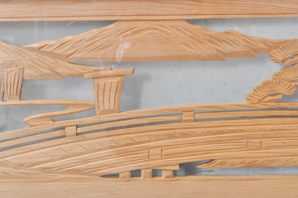 ビンテージ建具　風情ある松と城の図柄が美しい彫刻欄間2枚セット(明かり取り、明り取り、ヴィンテージ)(R-073601)
