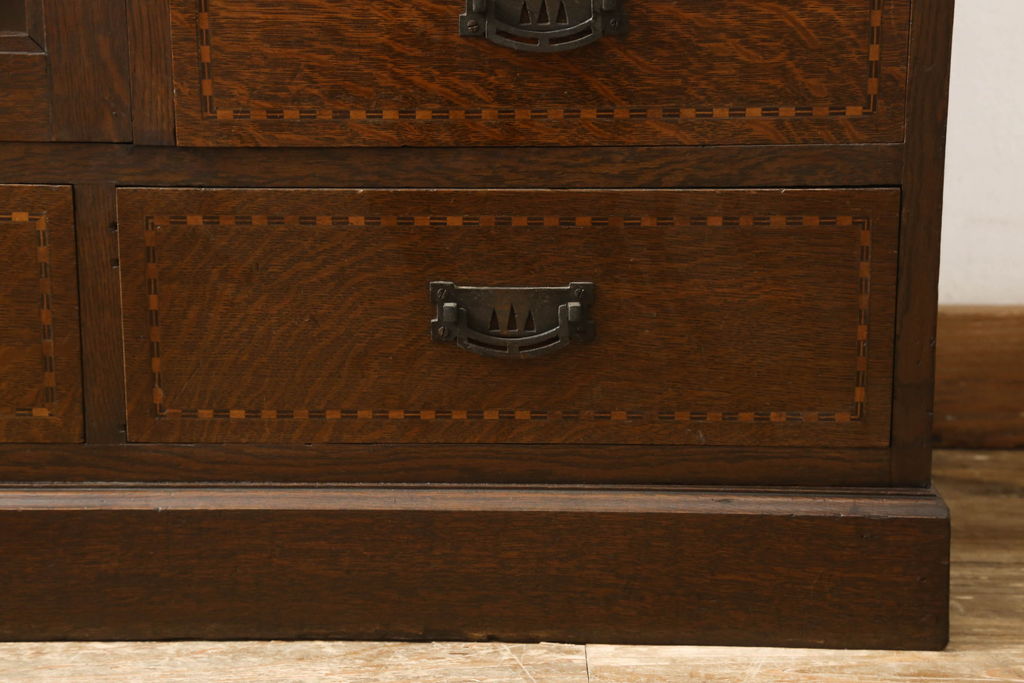 和製アンティーク　上手物　大正ロマン　ナラ材　見せる収納が楽しめる、象嵌入り本箱(ブックケース、収納棚、戸棚、飾り棚)(R-057381)