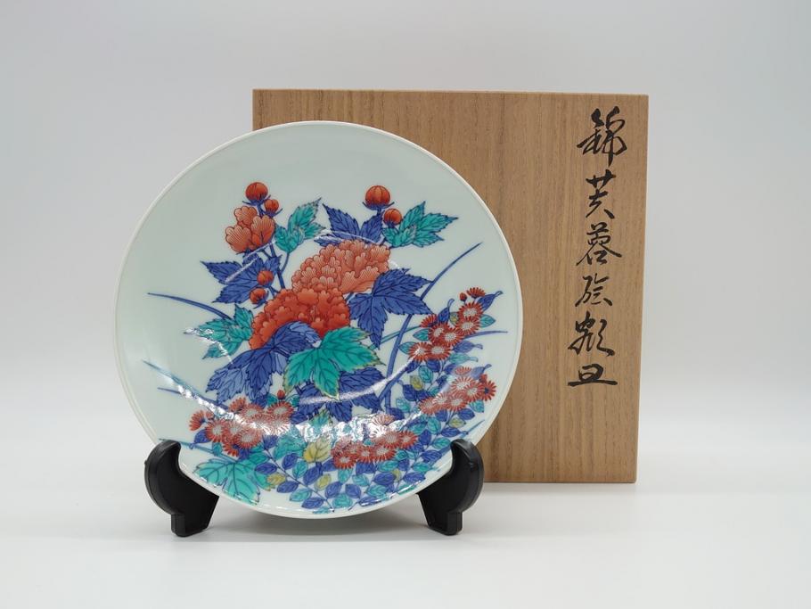 都屋】12 十四代 今泉今右衛門「錦桃絵小皿」5客 共箱 高さ 約2cm 幅